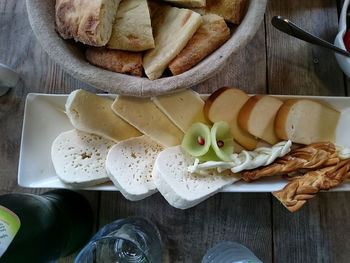 High angle view of breakfast served on table