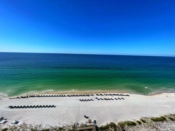 Scenic view of sea against clear blue sky