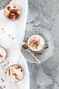 High angle view of dessert on table