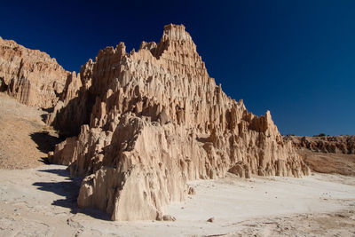 Panoramic view of rocks on land against clear blue sky