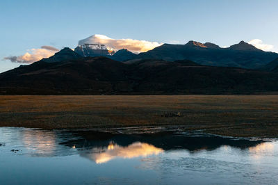 Scenic view of lake and mountains against sky