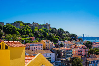 High angle view of townscape by sea against clear blue sky