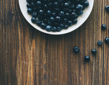 Directly above shot of blueberries in plate on wooden table