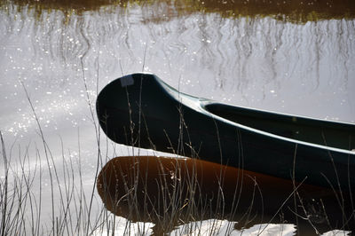 Reflection of boat in lake during winter