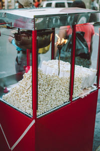 High angle view of popcorn in machine