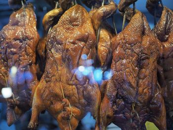 Close-up of meat hanging for sale seen through window