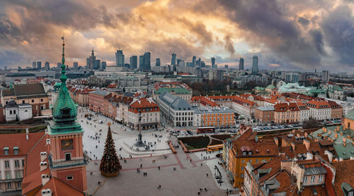 Aerial view of the christmas tree near castle square with column of sigismund