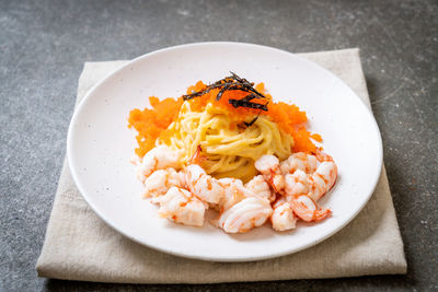 High angle view of food in plate on table
