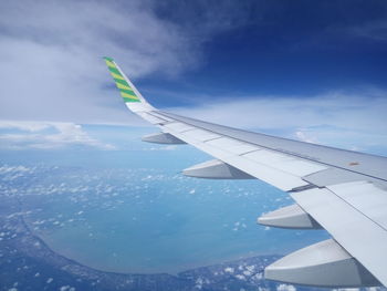 Aerial view of airplane flying in sky