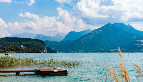 Scenic view of lake and mountains against sky