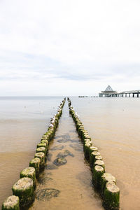 Wooden posts in sea against sky