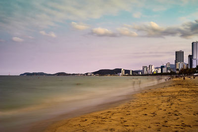 Scenic view of beach against sky during sunset