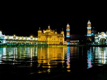 Reflection of illuminated building in water at night