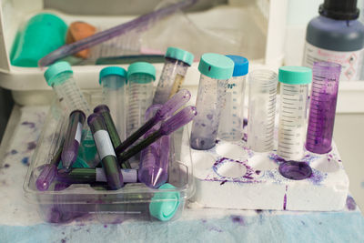 Close-up of test tubes on table