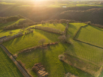 High angle view of agricultural field against sky during sunset