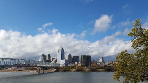 City at waterfront against cloudy sky