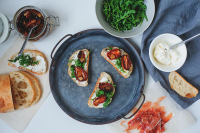 High angle view of food served on table