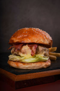 Close-up of burger on cutting board