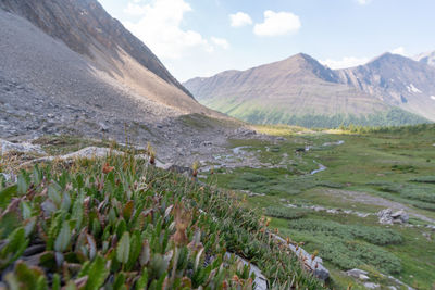 Scenic view of land and mountains against sky