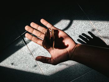 Close-up of woman hand on tiled floor