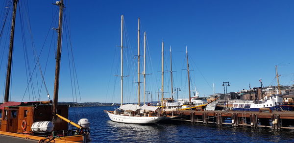 Sailboats moored at harbor against clear blue sky