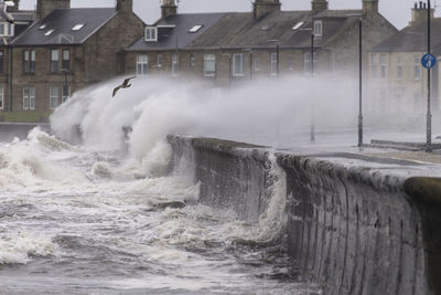 Water flowing by buildings in city