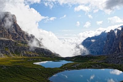 Scenic view of lake and mountains against sky