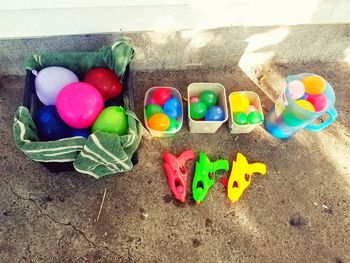 High angle view of colorful balloons