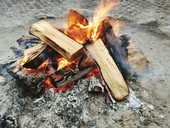 Close-up of bonfire on log