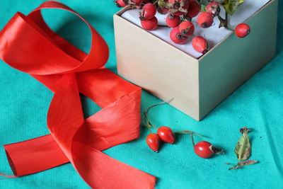 High angle view of christmas decorations on table