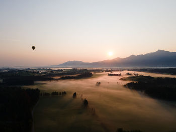 View of hot air balloon at sunset