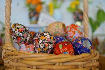 Close-up of multi colored wicker basket