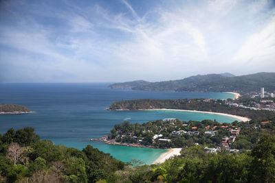 High angle view of bay against sky