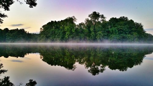 Reflection of trees in lake against sky