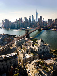 Aerial view of buildings in city against sky