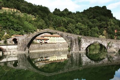 Arch bridge over river against sky