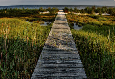 High angle view of wooden boardwalk