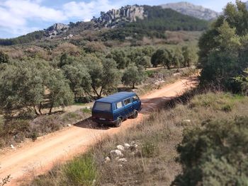 Car on road amidst trees against sky