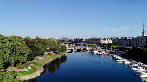 Scenic view of river by buildings against blue sky