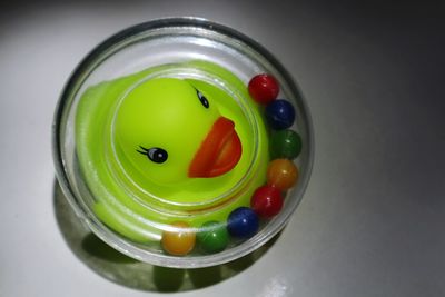 High angle view of multi colored candies on table