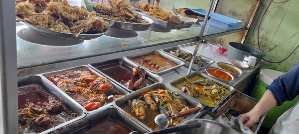 High angle view of food for sale at restaurant