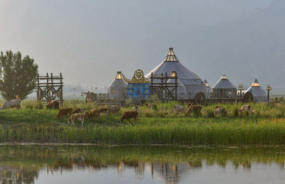 View of lake with buildings in background