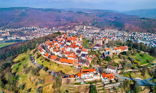 High angle view of townscape and buildings in town