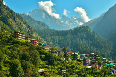 High angle view of tosh village against the might himalayas 