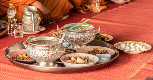 High angle view of food served on table