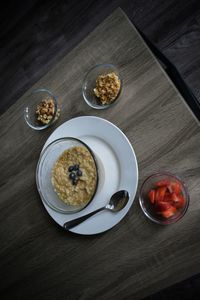 High angle view of breakfast served on table