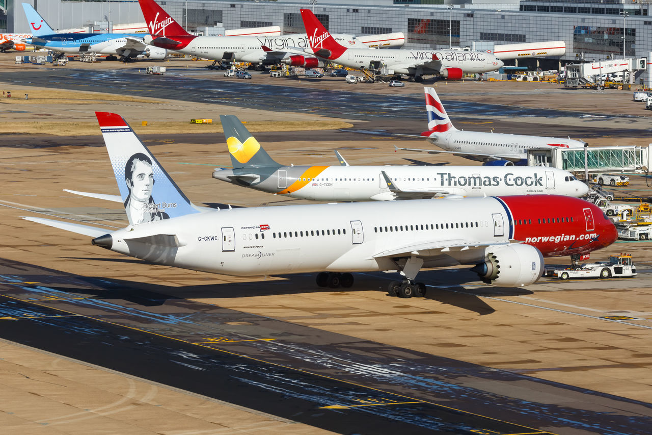 HIGH ANGLE VIEW OF AIRPLANE ON RUNWAY