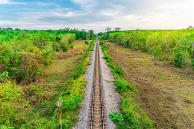 Dirt road amidst plants on field against sky