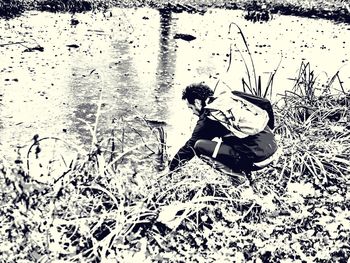 High angle view of woman on field