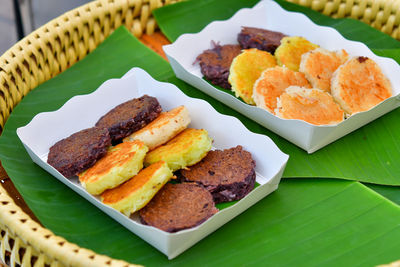 High angle view of food served on table